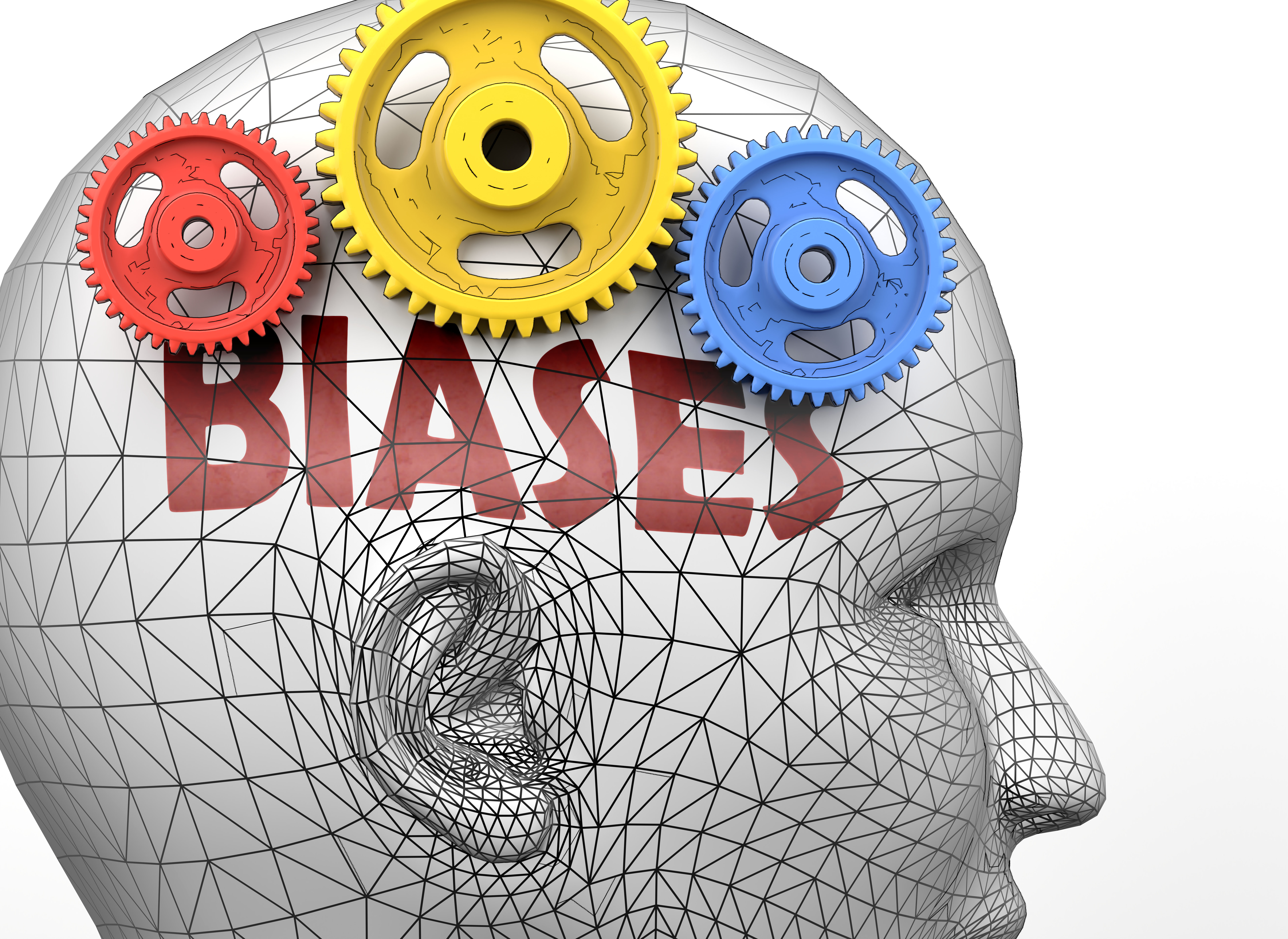 Biases and human mind – pictured as word Biases inside a head to
